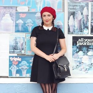 Black Mini dress with white Peter Pan Collar Vintage Twee style classic 12 Large